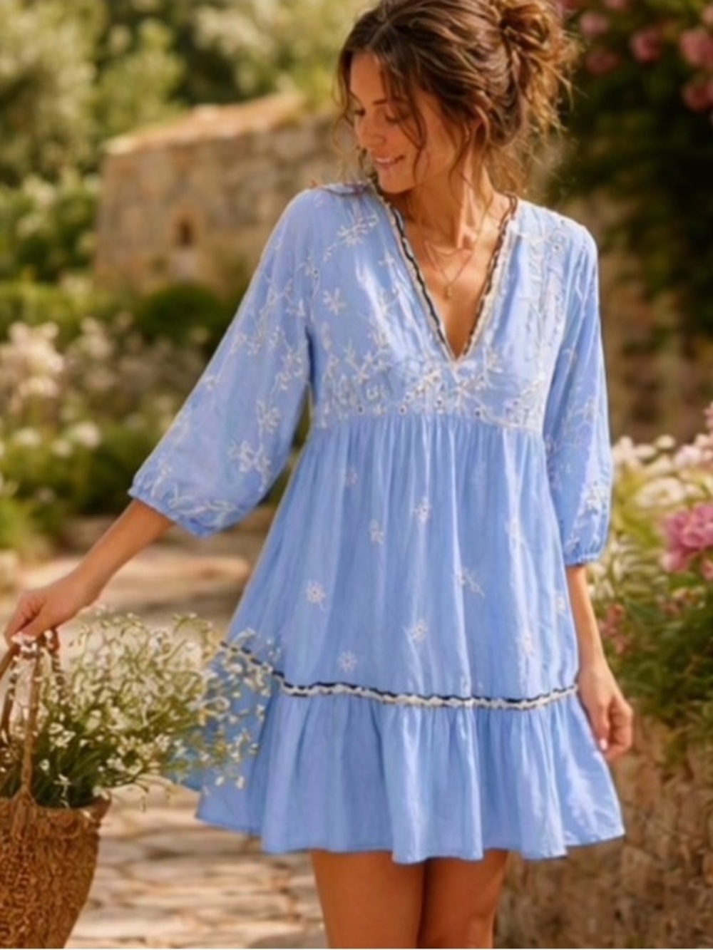 🌹 Light Blue Babydoll Flounce Sleeve Floral Embroidery Summer Dress 🌹
